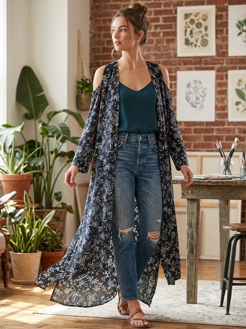 INTERMIX Navy Floral Open-Front Cold-Shoulder Duster Cardigan